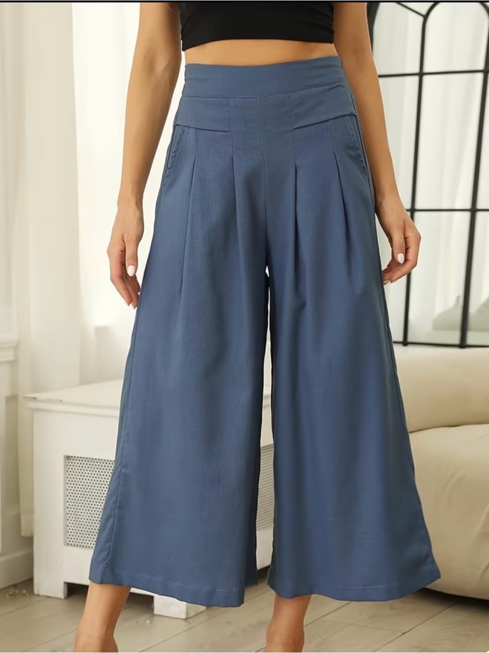 Wide Leg Blue Cotton Trousers